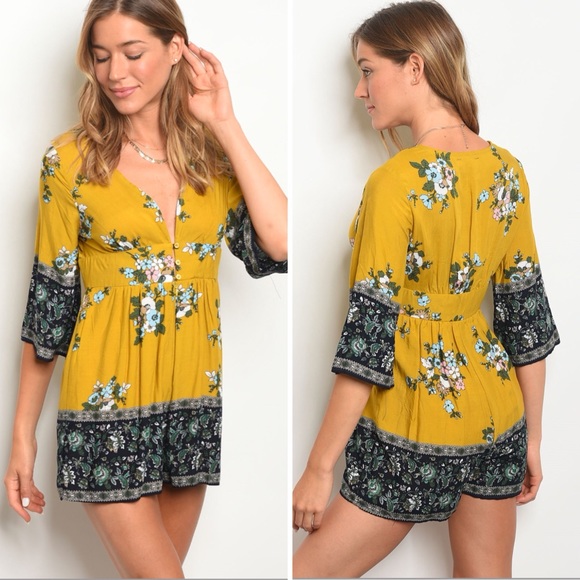 Pants - Floral Romper Mustard color